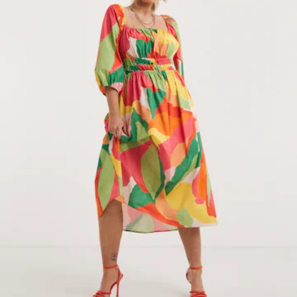 Nobody's Child Fearne Cotton Multi Square Neck Franzie Dress UK Size 18 Organic - Picture 1 of 11